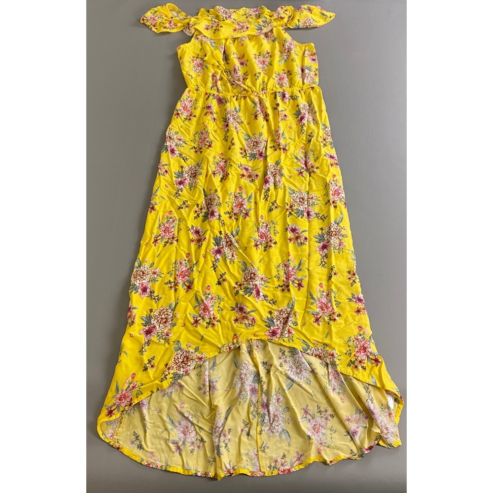 Kingston Grey Cold Shoulder Hi-Lo Maxi Dress XL Yellow Pink Floral EUC
